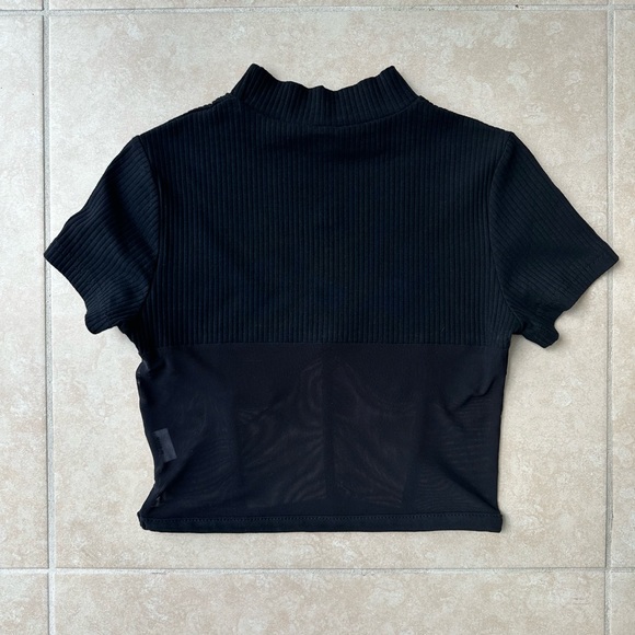 Black Ribbed Mock Turtle Neck Crop Top with Sheer Mesh Corset Bodice - Picture 3 of 3